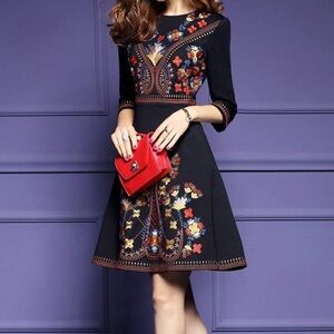 LAI MENG FIVE CATS Black Floral Embroidered Dress